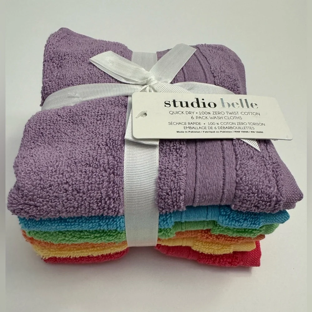 6pc STUDIO BELLE Quick Dry 100% Zero Twist Cotton Washcloth Towels - 13” x 13”
